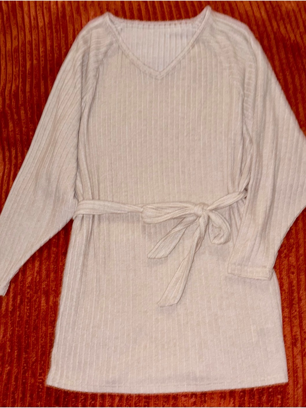 SHEIN Cream Ribbed V‑Neck Long Sleeve Tunic with Waist Tie